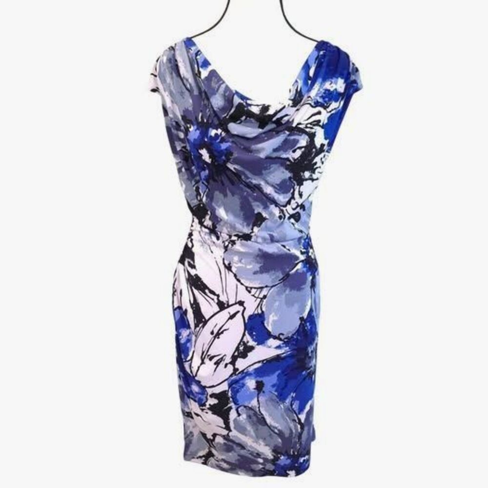 Ronni Nicole Blue Floral Sheath Dress 6 Corporate Core Draped Cowl Neck